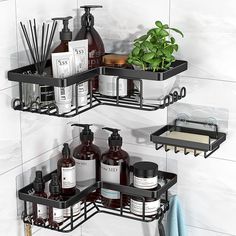 two black shelves with soap, lotion and other bathroom items