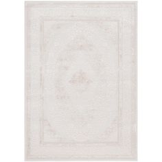 a white rug with an ornate border in the middle and a square design on top