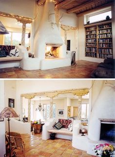 two pictures of a living room with fireplace and bookshelves on the wall in front of it