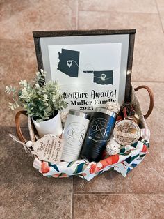 a basket filled with personal items on top of a tile floor next to a sign