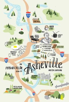 an illustrated map with the words, food and places to eat