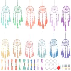 a group of different colored dream catchers hanging from strings