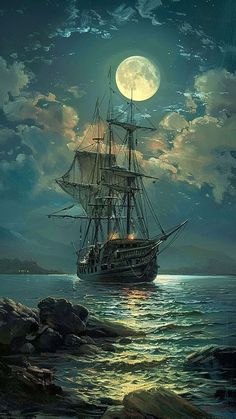 a painting of a ship sailing in the ocean at night with a full moon behind it