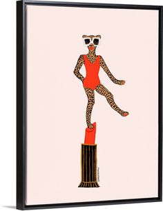 a woman in an orange dress is standing on top of a pole with her legs spread out