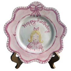 Birthday Plate Scalloped Portrait With Fringe and Ribbon Birthday Plates, Bow Birthday, Color Me Mine, Birthday Plate, Painted Plates, Future Family, Pink Party, 20th Birthday, Pink Parties