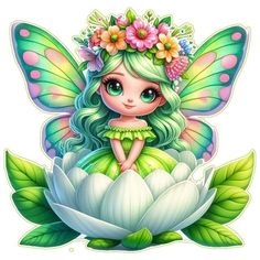 a pretty little fairy sitting on top of a flower with her green wings and flowers in her hair