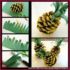 pine cone crafts for kids to make with paper leaves and glue on the top, then cut them in half