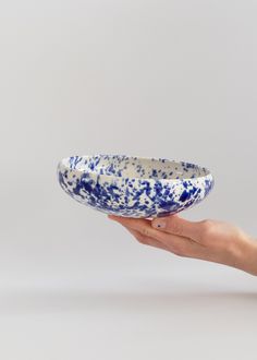 a hand holding a blue and white bowl