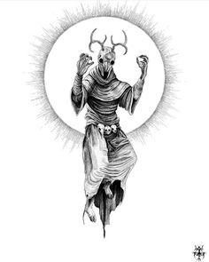 a black and white drawing of a demon with horns