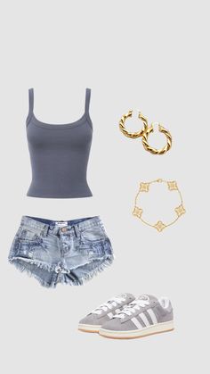 Adidas Spezials, Demin Shorts, Preppy Summer Outfits, Outfit Inspo Summer, Casual Preppy Outfits, Trendy Outfits For Teens, Shoes Grey