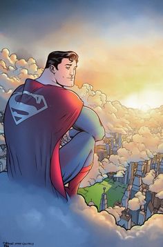 superman sitting in the clouds with his hands on his hips and looking at the sky