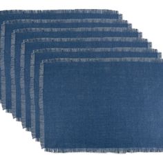 four pieces of blue cloth with fringes on top of each one in different colors