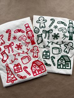 two tea towels with christmas designs on them