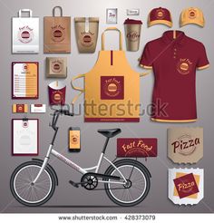 a set of various items for pizza delivery including a bicycle, t - shirt and other items