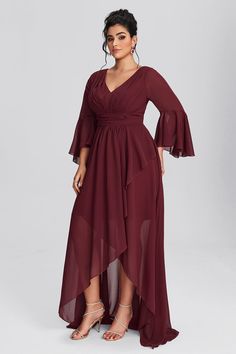 Elevate your bridal party look with our V-Neck Asymmetric Hem Elegant Bridesmaid Dress. This stunning piece features a flattering V-neckline and a unique asymmetric hem, combining elegance and comfort for all body types. Perfect for making unforgettable memories, it’s your ultimate choice for a stylish celebration! Fit & Sizing Season: Fall Type: Regular Stretch: Non-Stretch Sleeve Length: Long Sleeves Dresses Length: Maxi Color: Burgundy Style: Formal,Elegance Type: Regular Neckline: V Neck Occ Elegant Bridesmaid Dress, Long Sleeves Dresses, Plus Size Wedding Guest Dresses, Burgundy Style, Elegant Bridesmaid Dresses, Cocktail Dress Formal, Style Formal, Chevron Dress, Party Look