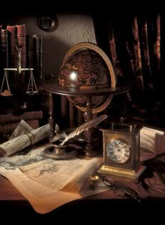 an old world globe, books, magnifying glass and other items on a table