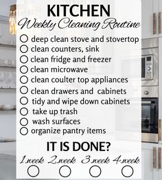 a kitchen cleaning checklist with the words it's done in black and white