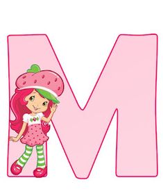 the letter m is for strawberry shortcakes and she has a hat on her head