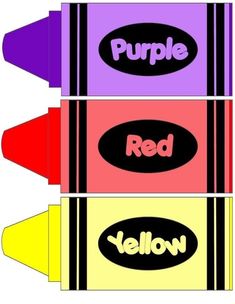 four crayons with the words purple, red, yellow and green