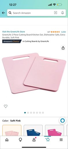 two pink cutting boards sitting next to each other on top of an amazon listing page