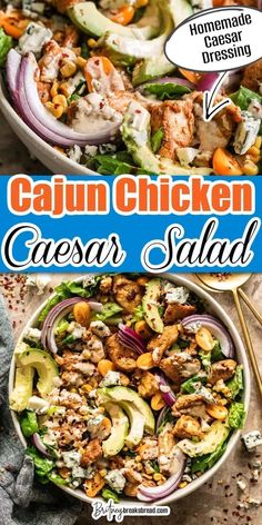 this cajun chicken caesar salad is loaded with vegetables, meat and dressing