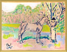 a drawing of a man and a horse standing next to each other in front of trees