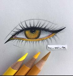 a pencil drawing of an eye with long lashes and yellow eyeshade next to two colored pencils