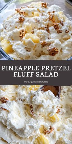 pineapple pretzel fluff salad in a glass bowl