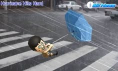 a cartoon character holding an umbrella in the middle of a street with cars on it