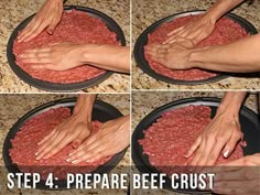 the process of making hamburger patties is shown in four different pictures, including hands and fingers