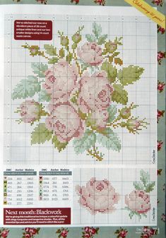 a cross stitch pattern with pink roses on the front and back of it, as well as measurements for each flower