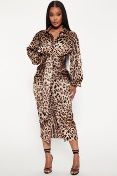 Available In Mocha/combo. Satin Midi Dress Collar Long Sleeve Tie Waist Drape Detail No Stretch Disclaimer Pattern Placement May Vary 100% Polyester Imported | Make Me Roar Midi Dress in Mocha size Small by Fashion Nova Brown Plus Size Dress, Brown Outfits For Black Women, Flattering Plus Size Dresses, Shower Dress, Fall Lookbook, Dress Collar, Girly Shoes, Xl Fashion, Multicolor Dress