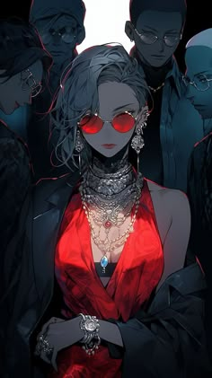 some people are standing together with red glasses and jewelry on their neckties, all dressed in black