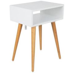 an end table with two wooden legs and a white shelf on one side that is open