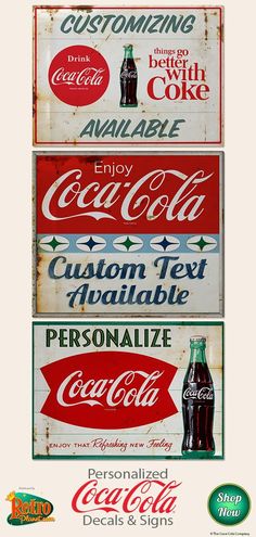 three signs with different types of coca cola on them