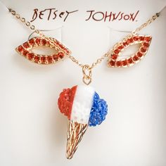 Nwt. Betsey Johnson Novelty Ice Cream Cone Necklace With A Red, White And Blue Scoop And A Gold Toned Cone On A Gold Tone Chain Plus 1 Pair Of Red Rhinestone Lips Stud Earrings. Celebrate Independence Day, 4th Of July Summer Picnic, Fireworks With This Fun And Adorable Red White And Blue Ice Cream Cone With Red Jeweled Lips Set By Betsey Johnson. New In Box. Remember To Bundle And Save! 5-Star Experienced Seller! Fast Shipping. Blue Ice Cream, Rhinestone Lips, Lip Jewelry, Flower Necklace Gold, Blue By Betsey Johnson, Animal Print Earrings, Red Jewel, Vintage Betsey Johnson, Crystal Choker Necklace