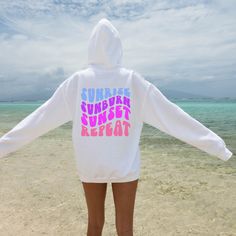 Sunrise Sunburn Sunset Repeat Hoodie, Summer Vibes Hoodie, Aesthetic Hoodie, Words on Back, Pinterest Tumblr Hoodie Summer Hoodie Sweatshirt With Letter Print, Summer Letter Print Hoodie Sweatshirt, Summer White Hoodie For Streetwear, White Hoodie For Summer Streetwear, White Trendy Summer Hoodie, Trendy White Summer Hoodie, Summer Streetwear Hoodie With Letter Print, Vsco Streetwear Hoodie Sweatshirt, Vsco Style Hoodie Sweatshirt For Streetwear