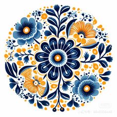 a blue and yellow floral design on a white background, with orange flowers in the center