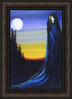 a painting of a woman with long hair standing in front of a full moon at night