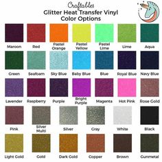 the color chart for glitter heat transfer vinyls, including different colors and sizes to choose from