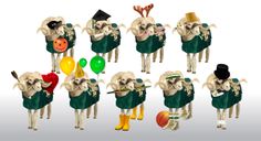 several sheep dressed up in green and white outfits with balloons, hats, and shoes