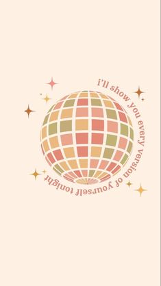 an orange and green globe with stars around it on a light pink wallpaper background