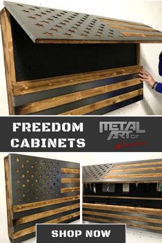 the metal art store has an american flag made out of pallet wood and steel