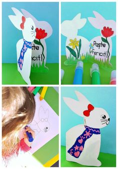 four different pictures of children's handmade paper crafts