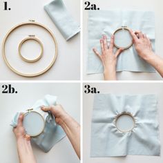 instructions for how to make a hoop ring with fabric and gold embroidery on the hoop