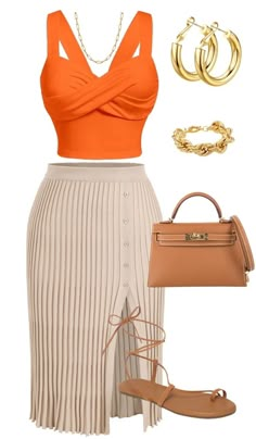 Classy Spring Outfits 2024, Orange Skirt Outfit Ideas, Classy Vacation Outfits, Resort Dinner Outfit, Beige Skirt Outfit, Outfit For Ladies, Looks Street Style, Classy Casual Outfits, Easy Trendy Outfits