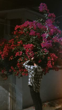 a man standing next to a tree with red flowers