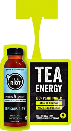 a bottle of tea energy next to a sign with the word,'tea energy '