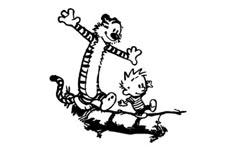 a black and white drawing of two children on a sled with a cat in the hat