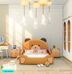 a child's bedroom with a teddy bear bed